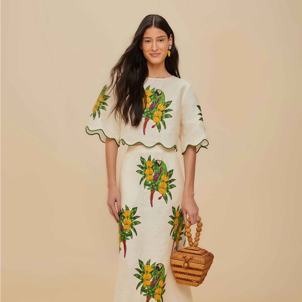 FARM Rio Cream Linen Crop Top with Green Parrot & Yellow Floral Print - Picture 8 of 11